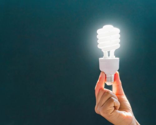 electricity, environment and ecology concept - close up of hand holding energy saving lightbulb or lamp